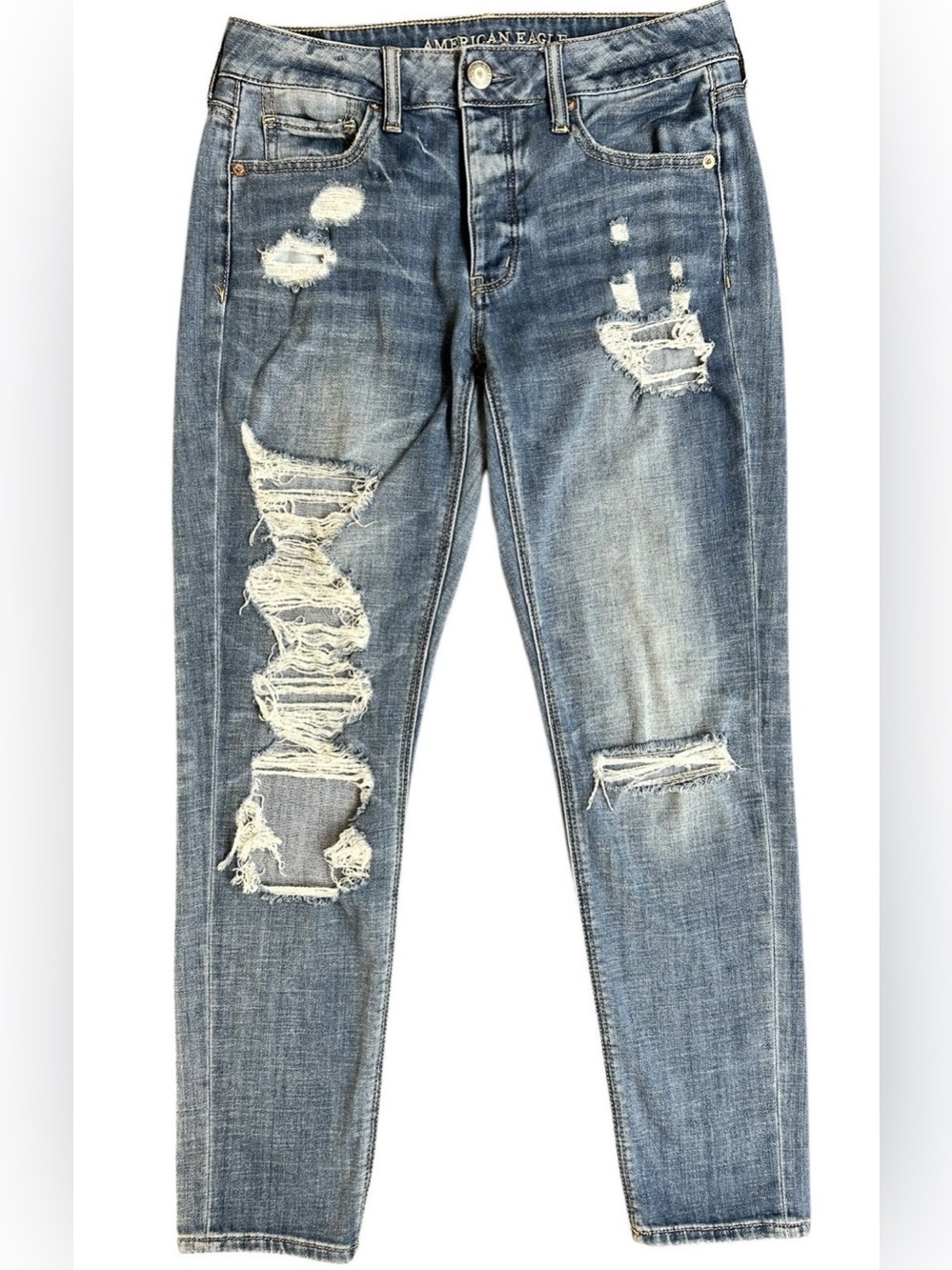 American Eagle Womens Sz 4 Tomgirl Mid Rise Distressed Straight Leg Jeans Thrash